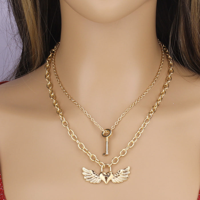 Wholesale 2PCS Alloy Lock Shape Angel Wings Necklace JDC-NE-WenB008