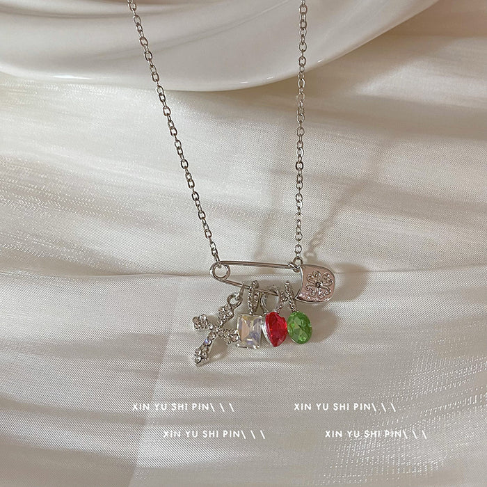 Wholesale Colorful zircon cross necklace with niche design, collarbone chain, light luxury, exquisite necklace
