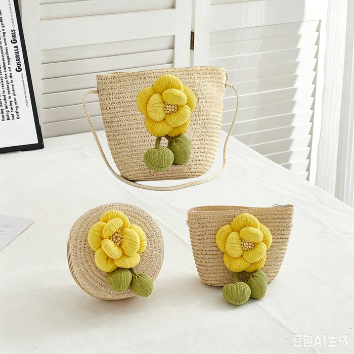 Wholesale Handwoven Paper Beach Bag Pink Camellia-Milky White Cute Style