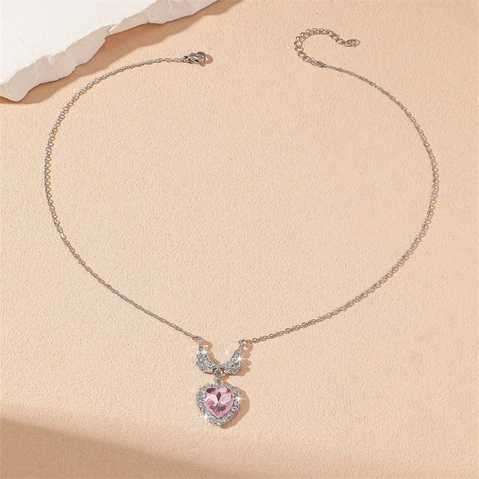 Wholesale Heart Wings Rhinestone Necklace Pink Jewelry Accessory MOQ≥2