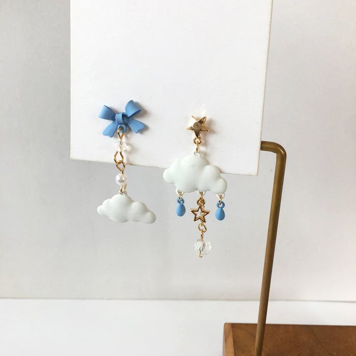 Wholesale Asymmetric bow long earrings with cute ear clips and no ear holes