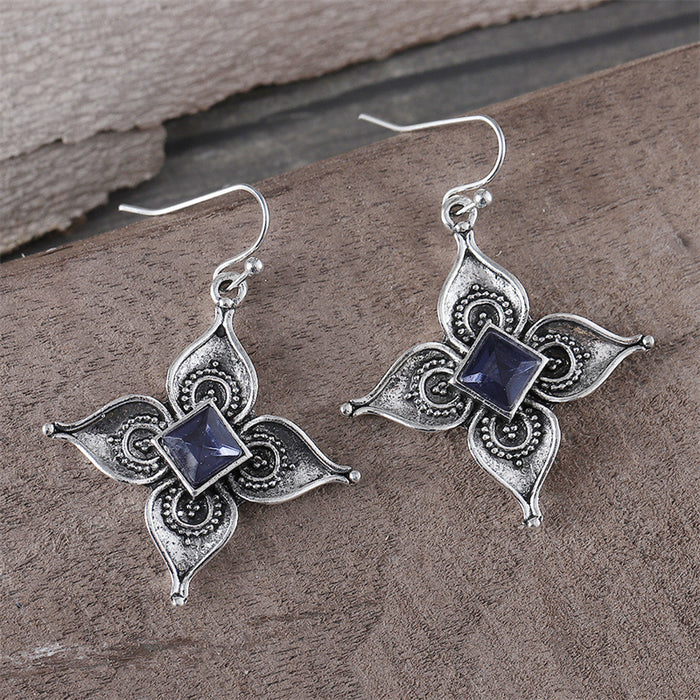 Wholesale 2pcs retro inlaid sapphire flower earrings