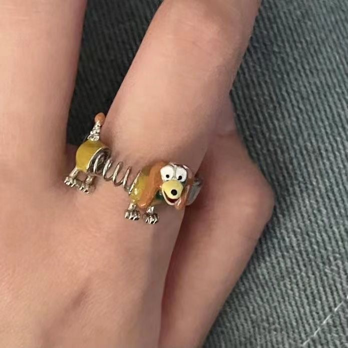 Wholesale Cute and quirky spring dog animal ring, playful index finger ring, adjustable opening ring