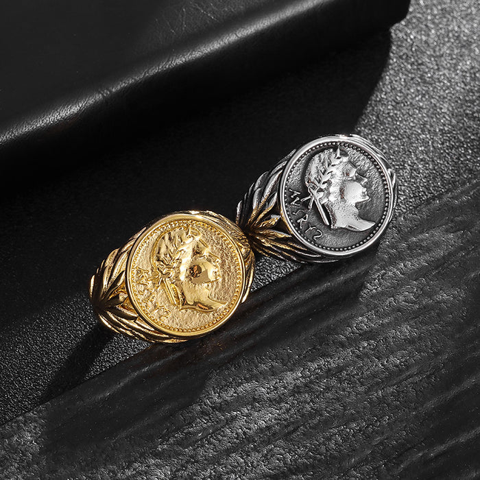 Wholesale Vintage Electroplated Coin Casting Titanium Steel Portrait Ring JDC-RS-HongX015
