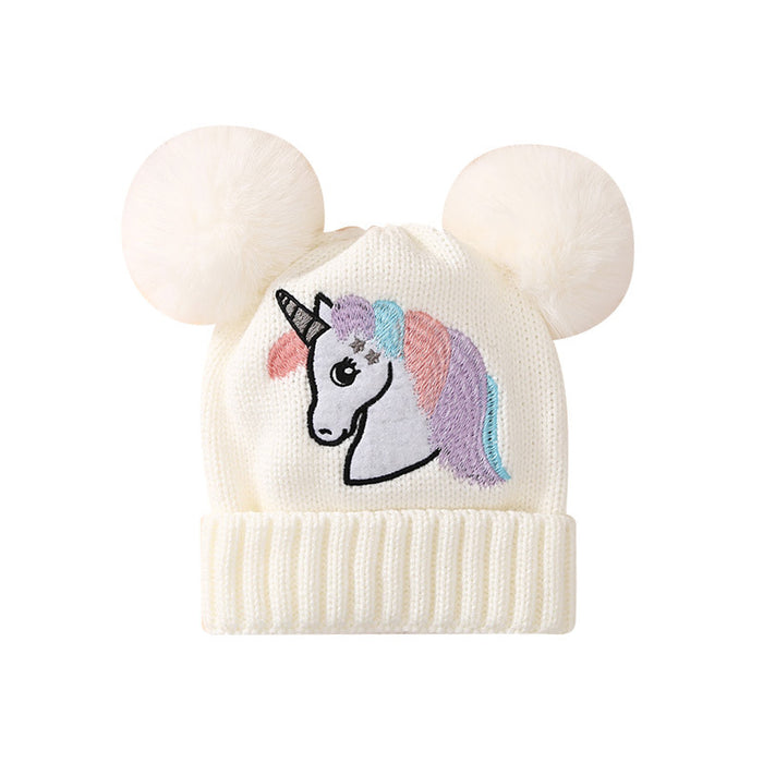 Wholesale Children' s Knit Hat for Autumn and Winter  Embroidered Unicorn and Double Pom-Poms Warm Winter Hat
