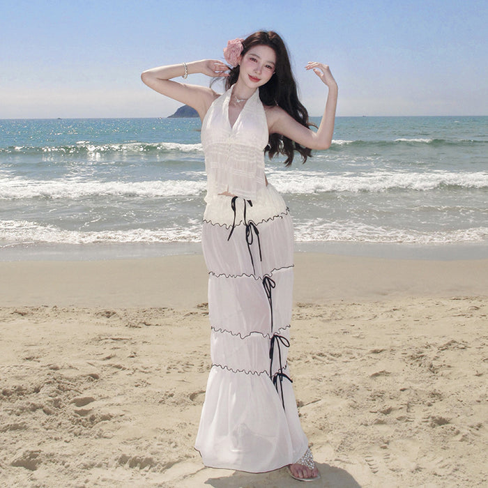 Wholesale Swimsuit pleated halter top, backless skirt set