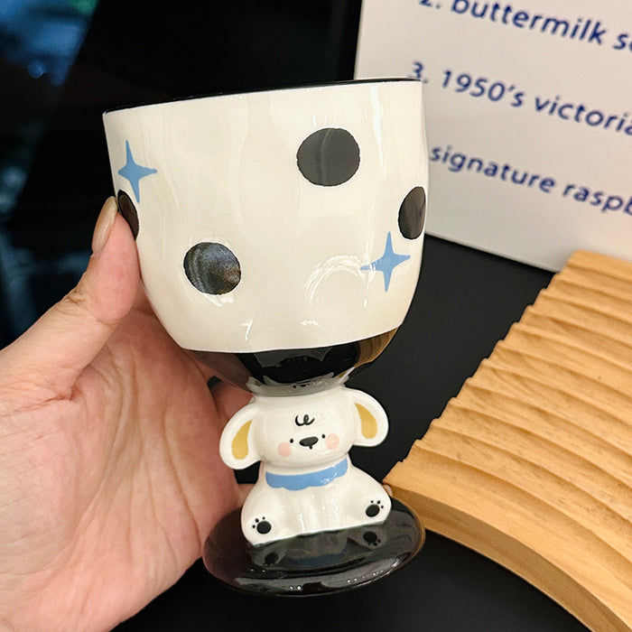 Wholesale Hand-painted puppy design pink polka dot ceramic mug with a tall base.