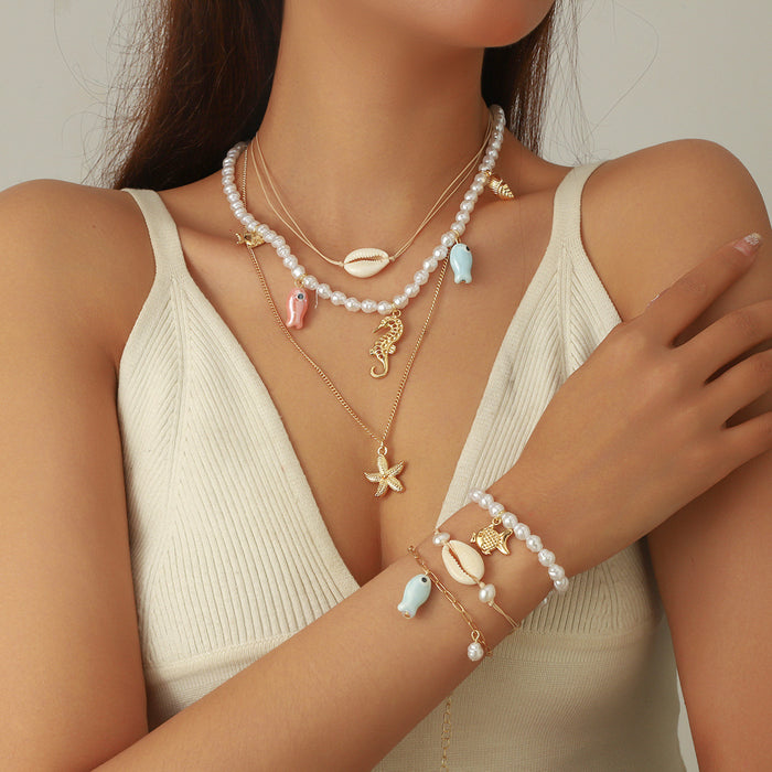 Wholesale Starfish Shell Fish Multi layer Necklace Women's Pendant Necklace Bracelet Necklace Set