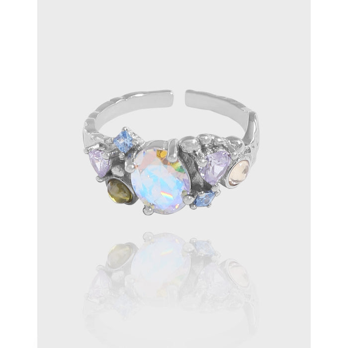 Wholesale Small niche design with micro inlaid color zircon texture texture ring made of pure silver