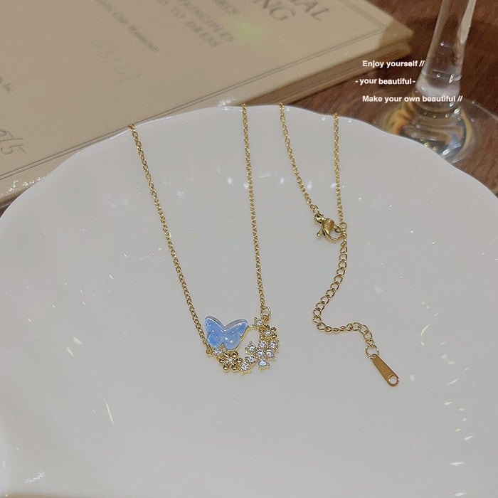 Wholesale New butterfly necklace with high-end and niche design, light luxury zircon stamen collarbone chain, titanium steel color not fading accessories
