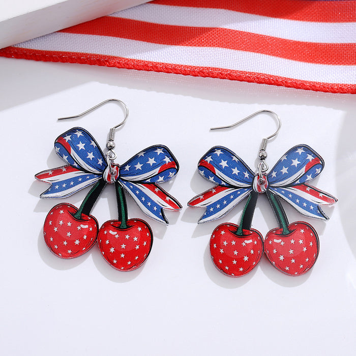 Wholesale Red, white, blue bow, cherry flag pendant earrings, acrylic earrings