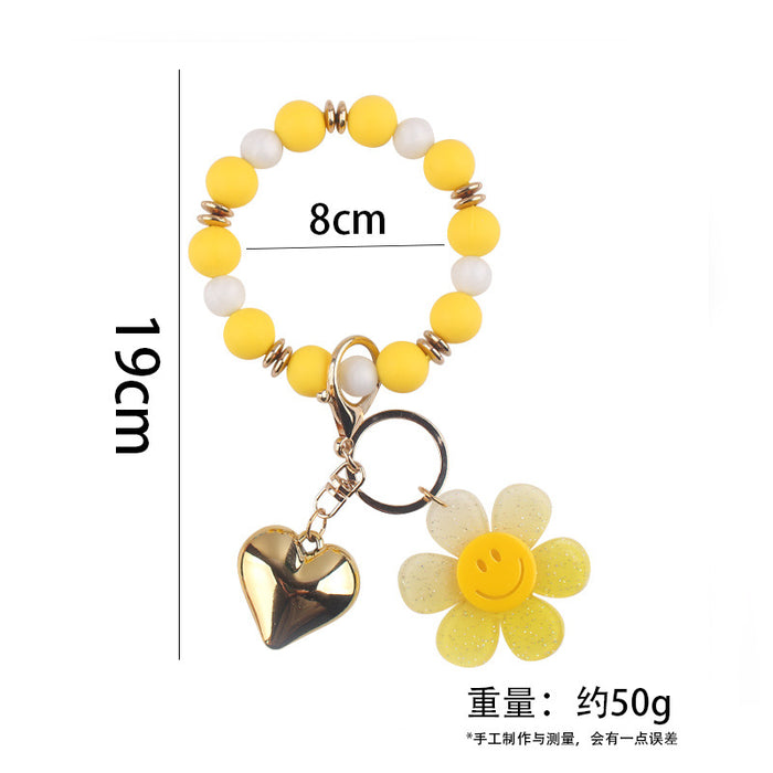 Wholesale Creative Silicone Beads Bracelet Keychain Cartoon Acrylic Smiley Sunflower Pendant Bracelet Key Ring Jewelry