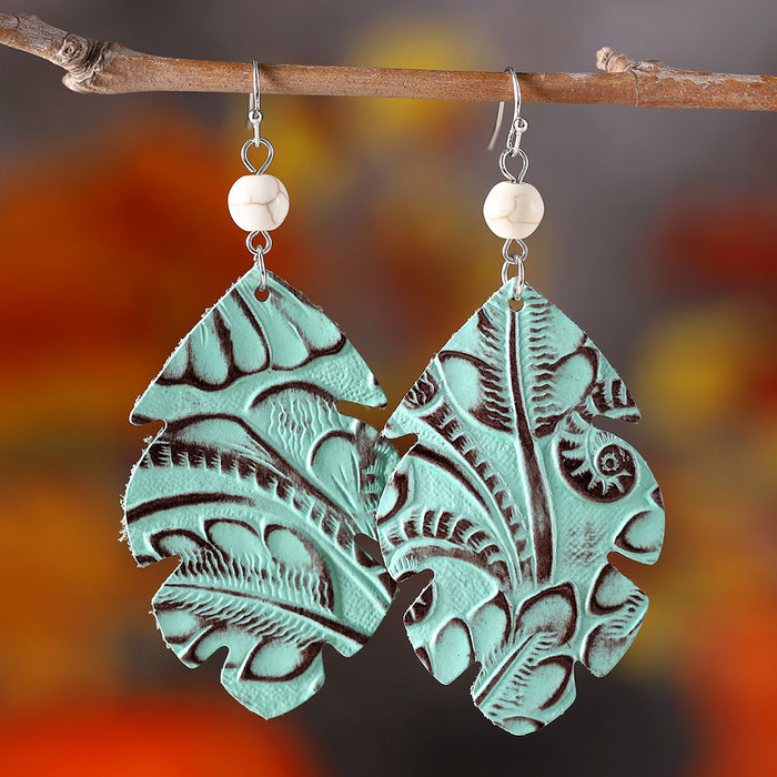Wholesale Leather Bohemian Leaf Pattern Turquoise ing Earrings Boutique Resale Jewelry