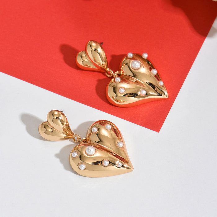 Wholesale Jewelry Love Personality Simplicity Metal Inlaid Pearl Earrings Retro Fashion Temperament