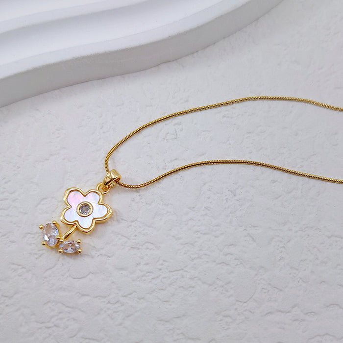 Wholesale Titanium Steel White Mother of Pearl Flower Zircon Necklaces JDC-NE-Yiran008