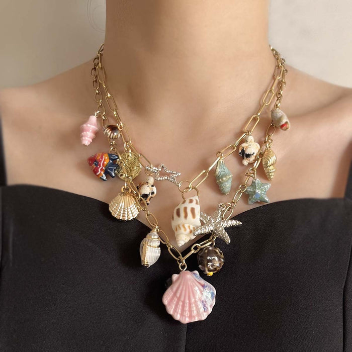 Wholesale Bohemian Fashion Double Layer Stacked Alloy Glass Shell Metal Necklace