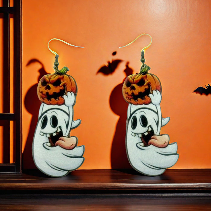 Wholesale Halloween Wooden Pumpkin Ghost Print Earrings JDC-ES-Yinxue002