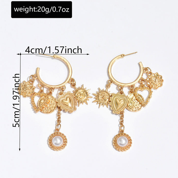 Wholesale New large circle earrings, alloy sun heart accessories, light luxury and high-end pearl tassel earrings