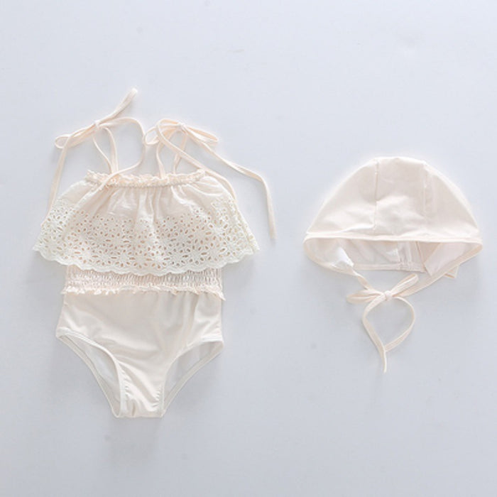 Wholesale Girls' one-piece swimsuit with hollow lace straps, baby suspender swimsuit