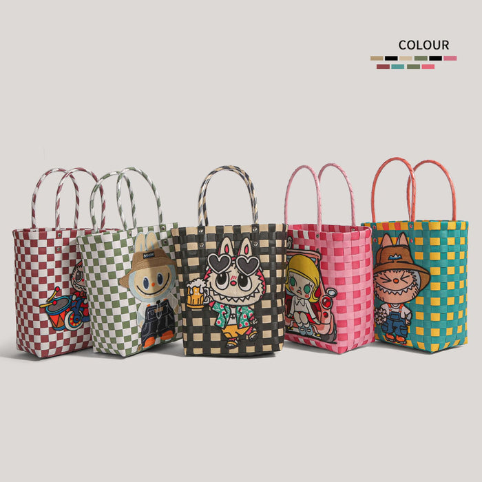 Wholesale  Plastic Woven Handbag Black Leather  Woven Vegetable Basket Handbag Handmade Bag