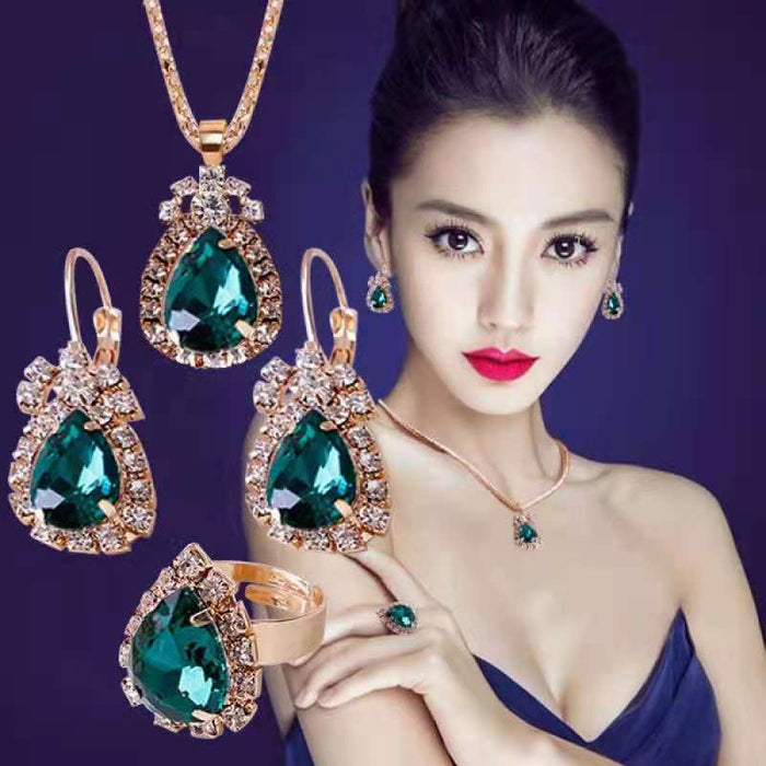 Wholesale water drops rhinestone necklace earrings ring set high-grade bridal jewelry
