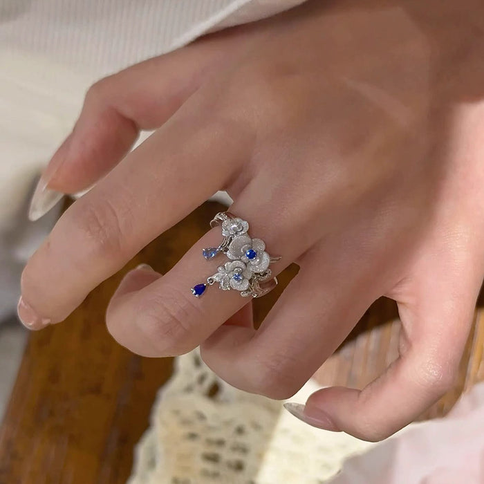 Wholesale Heavy-Duty Blue Sparkling Diamond Hydrangea Ring Retro