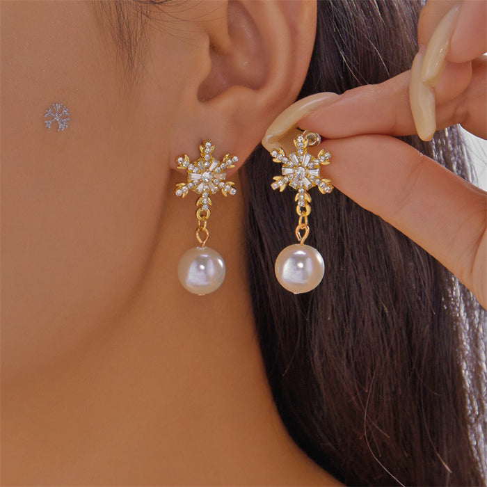 Wholesale Christmas inlaid zirconium snowflake tassel earrings imitation pearl earrings