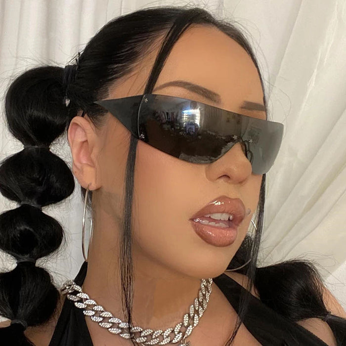 Wholesale Frameless one-piece sunglasses, pentagram sunglasses, sports glasses