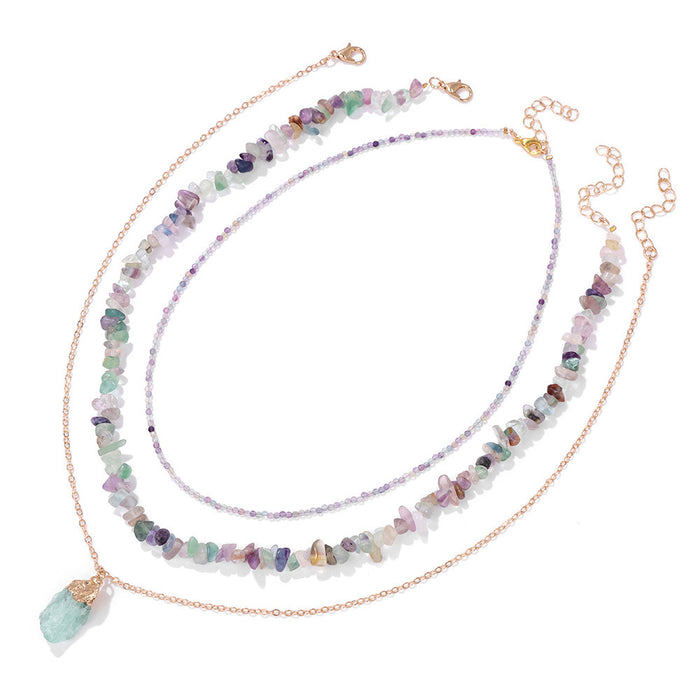 Wholesale Natural stone bead necklace with natural raw stone pendant three-layered design