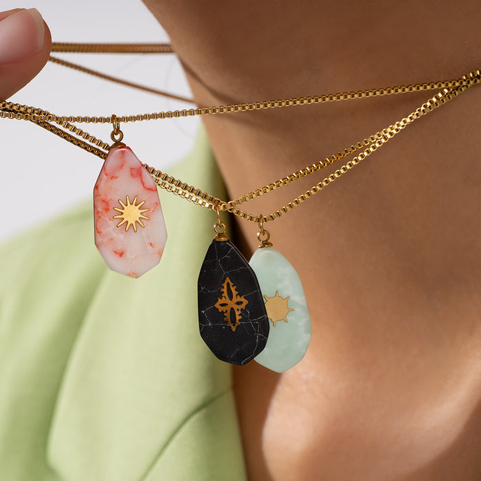 Wholesale Fashionable retro stainless steel necklace with natural stone pendant, light luxury temperament necklace earring set