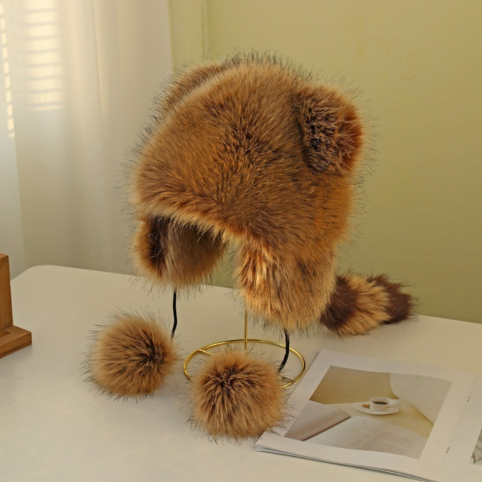 Wholesale small raccoon ear protection cap raccoon fur overlord cap winter warm straw hat for boys and girls