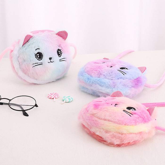 Wholesale Creative Plush Crossbody Bag Cartoon Children's Shoulder Bag Cute Cat Double Zipper Rabbit Fur Tie-Dye Small Shoulder Bag JDC-SD-SM003