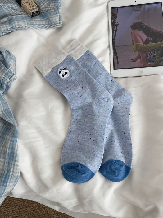 Wholesale Boneless dotted yarn cotton socks, color blocked embroidery, mid tube pile socks, cute