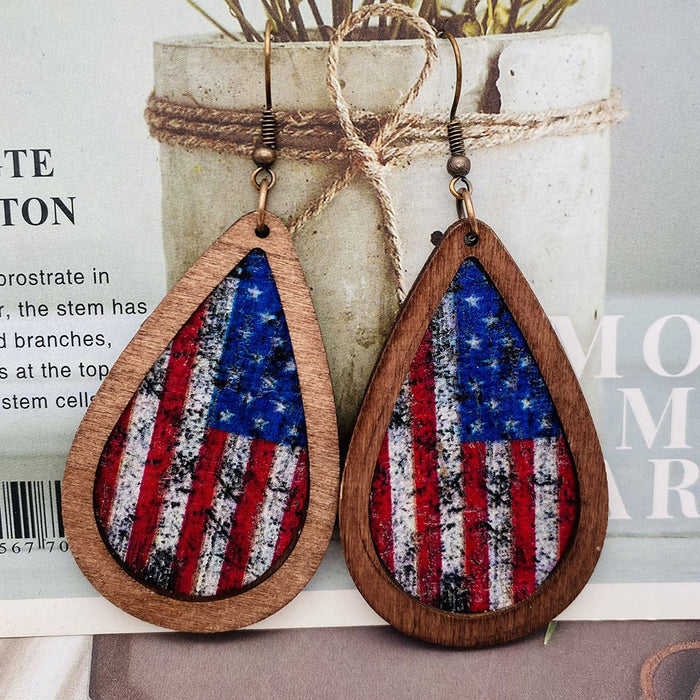 Wholesale Retro Independence Day Leather Earrings American Flag Drop-Shaped Texture Wood Grain Leather Earrings
