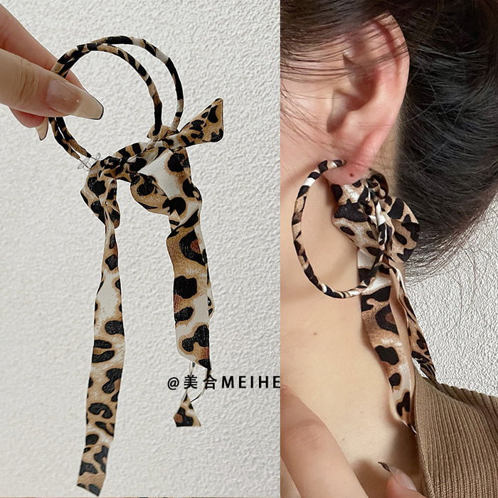 Wholesale Exaggerated Leopard Ribbon Earrings Strap Large Circle Long Earrings