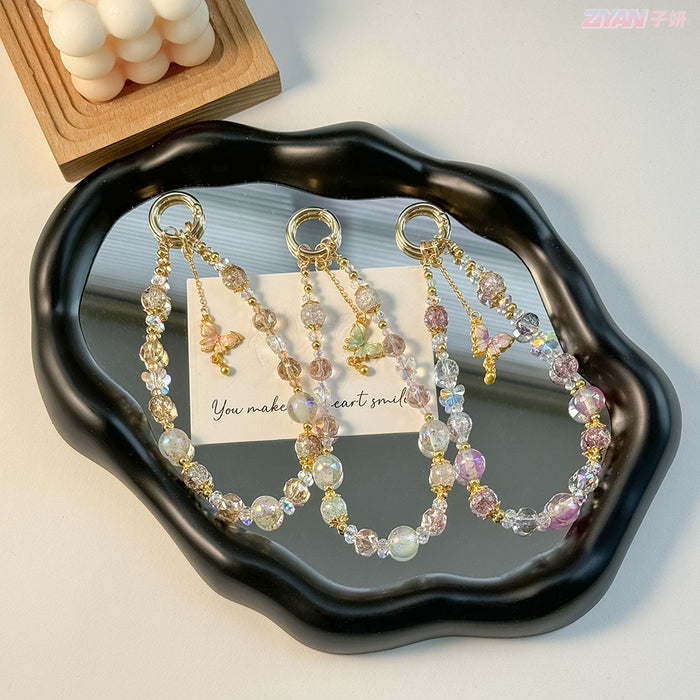 Wholesale Beaded Popcorn Crystal Beads Mobile Phone Chain Alloy Butterfly Gold Beads Keychain