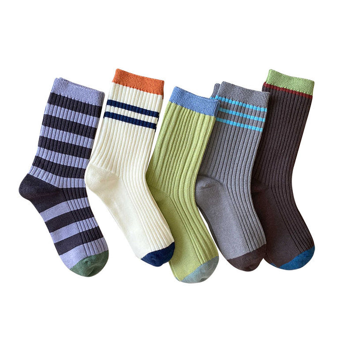 Wholesale Socks with double needle contrasting stripes, mid tube stacking, versatile socks