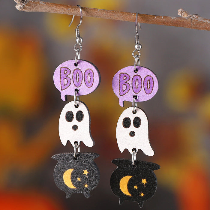 Wholesale  Gothic style cute ghost tassel triple ing earrings wooden double-sided earrings