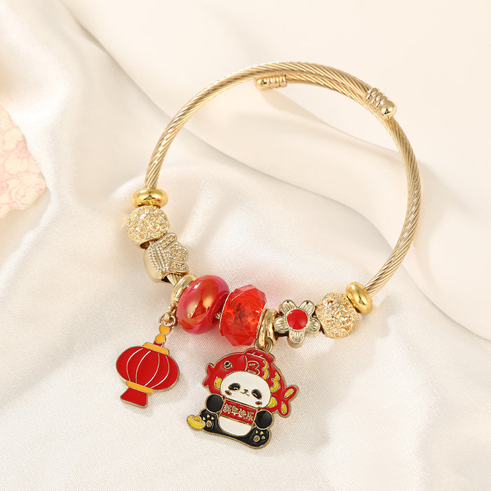 Wholesale Stainless Steel Cartoon Panda Bracelet with Red Lantern Pendant MOQ≥2