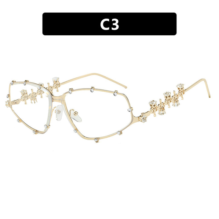 Wholesale Diamond studded glasses frame, fashionable with diamond shaped flat lens, large frame, personalized glasses frame