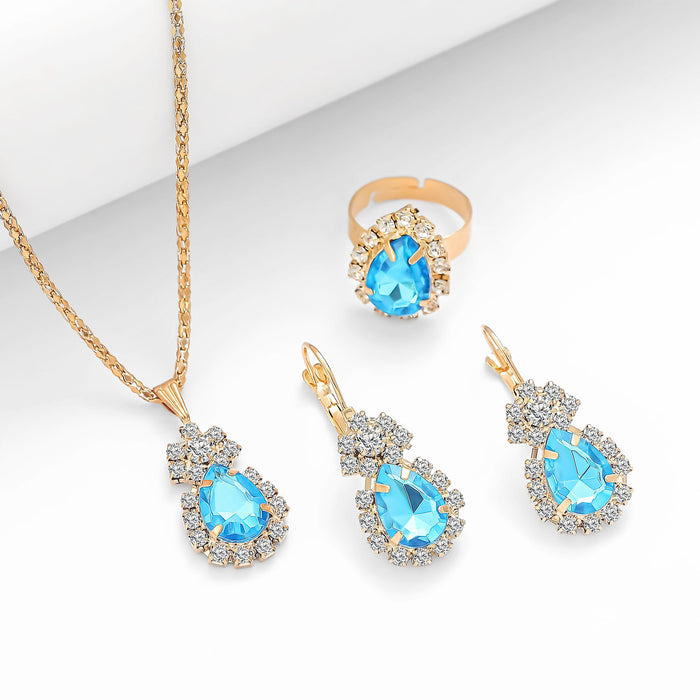 Wholesale water drops rhinestone necklace earrings ring set high-grade bridal jewelry
