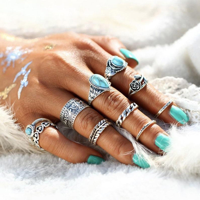 Wholesale vintage totem flower turquoise 10-piece ring