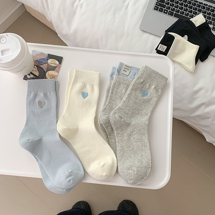 Wholesale Socks, cotton socks, mid tube socks, heart-shaped embroidered pile socks, double ribbed spliced long socks, anti odor boneless cotton socks