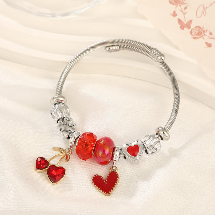 Wholesale Sweet Cherry Beaded Bracelet Stainless Steel Heart Jewelry MOQ≥2