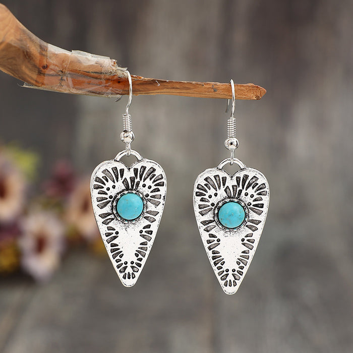 Wholesale  Bohemian Style New Heart-Shaped Inlaid Turquoise Earrings