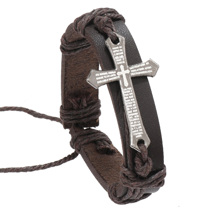 Wholesale Men's Vintage Cross Leather Braided Bracelet JDC-BT-XH011