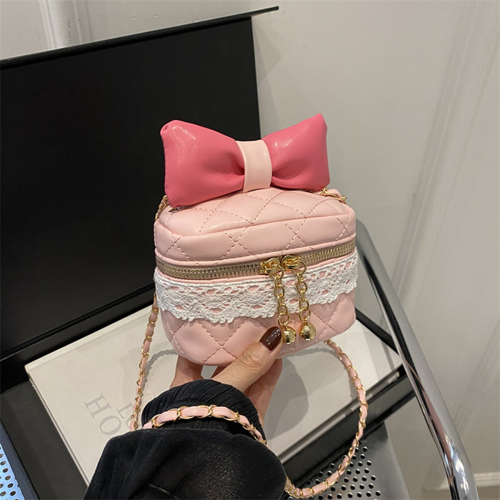 Wholesale Children's bag bow bucket bag cute contrasting color girl chain crossbody bag