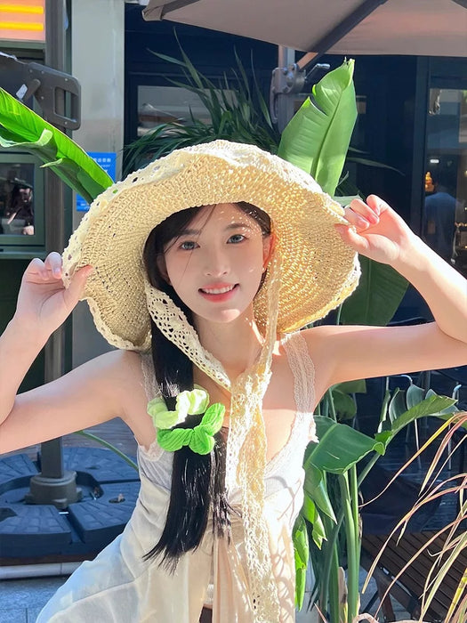 Wholesale Lace lace straw hat with curled edges and hollowed out Lafite sun hat, large brim