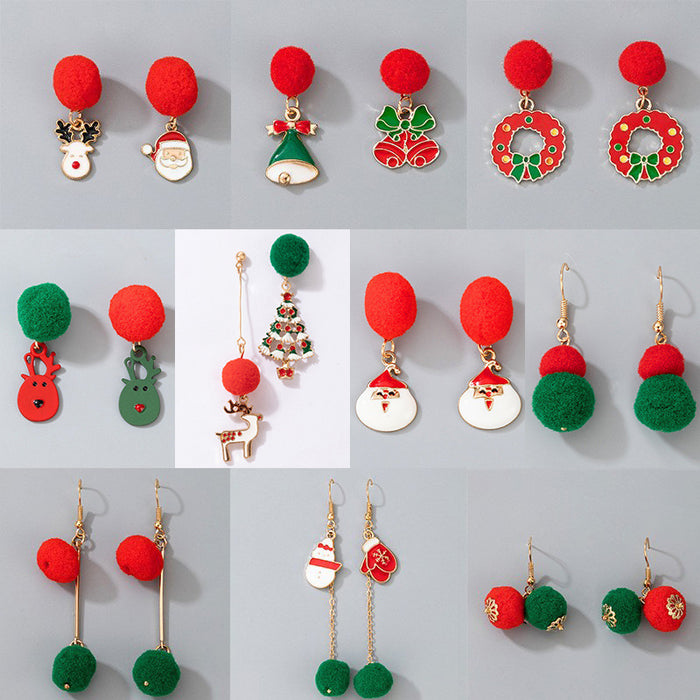 Wholesale Christmas Candy Elk Bell Earrings with Red Green Wool Ball Fashion MOQ≥2