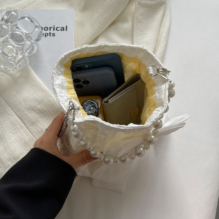 Wholesale Pearl bag, new fashionable bow chain bucket bag, niche and versatile crossbody bag